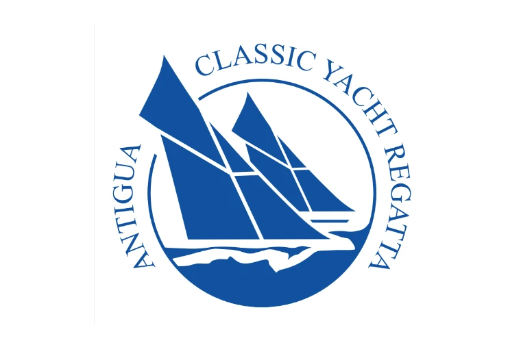 The emblem of the Antigua Classic Yacht Regatta, two gaff-rigged yachts within a blue circle, a mid-April engagement in the season calendar of The Mansa Court