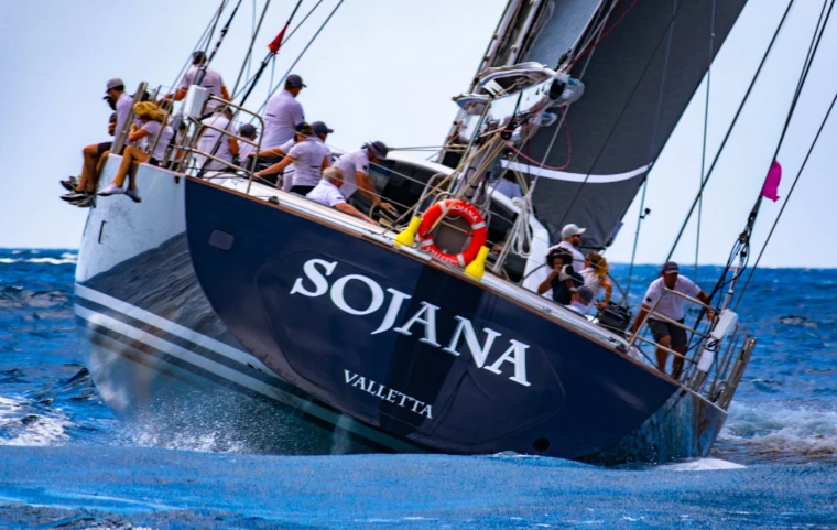 The crew of the ketch Sojana on the high side as she heels hard through the swell at Antigua Sailing Week, a late-April engagement in the season calendar of The Mansa Court