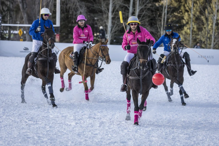 Four polo players in blue and pink jerseys gallop across a snow field after a red ball, snow flying from the ponies’ hooves (2024).