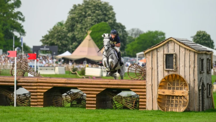 A grey horse and rider clear a log fence on the cross-country course, the crowds and tents of the park beyond. Badminton Horse Trials, Gloucestershire, in the season calendar of The Mansa Court