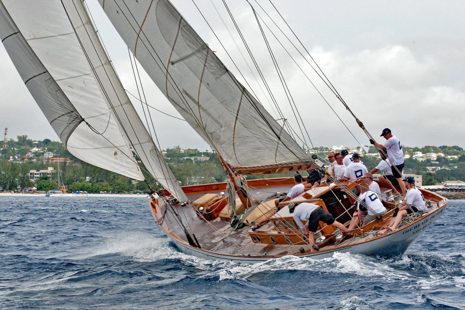 A classic yacht racing in the trade winds off the Barbados coast