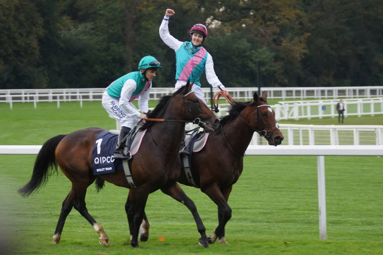 A jockey in teal and pink silks raises his fist from the saddle as two horses walk back along the rail on the turf (2012).
