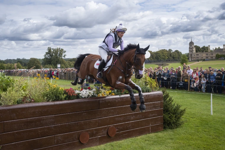 A rider jumps a flower-topped log fence before a crowd, with Burghley House on the horizon under a cloudy sky (2019).