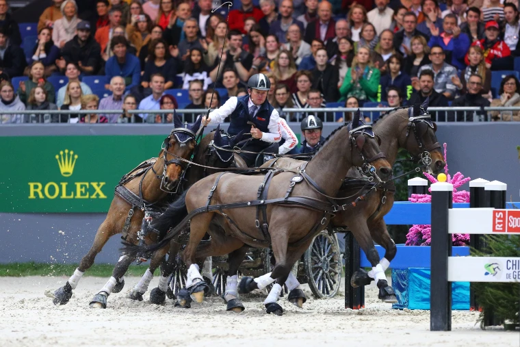 Boyd Exell driving a team of four bay horses at speed round a turn in the FEI Driving World Cup, spectators behind (2019).