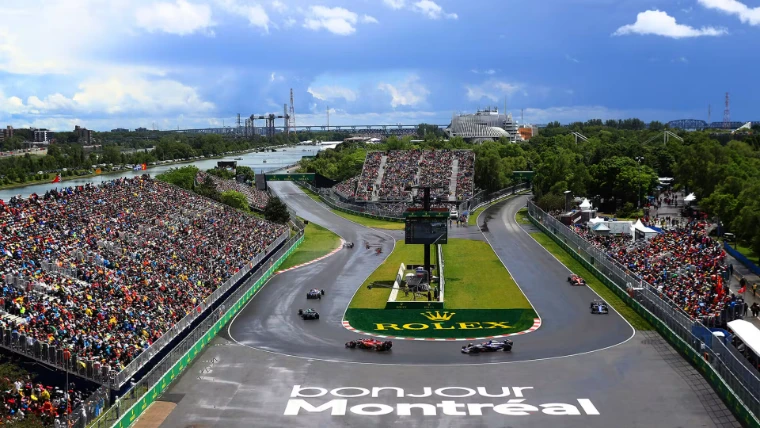 Cars round the hairpin between packed grandstands, the Olympic Basin and the St Lawrence beyond. The Formula 1 Canadian Grand Prix at the Circuit Gilles Villeneuve, Montreal, in the season calendar of The Mansa Court