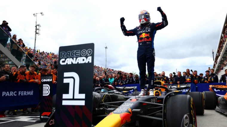 The winner stands on his car in parc fermé as the teams applaud. The Formula 1 Canadian Grand Prix at the Circuit Gilles Villeneuve, Montreal, in the season calendar of The Mansa Court
