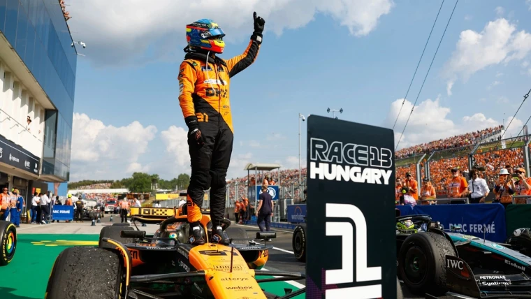 The winner stands on his McLaren and salutes the crowd in parc fermé. Formula 1 Hungarian Grand Prix, Hungaroring, Mogyoród, in the season calendar of The Mansa Court