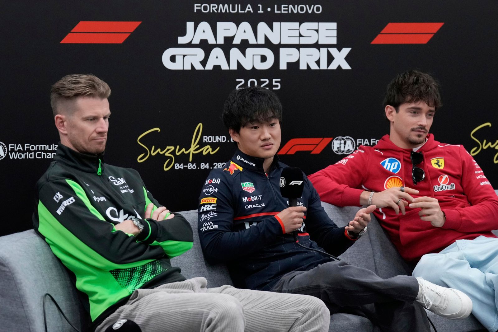 Drivers on the platform at the Japanese Grand Prix press conference at Suzuka, the late-March round of the Formula 1 season kept in The Mansa Court calendar