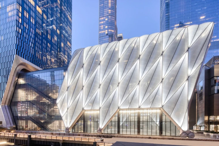 The Shed at dusk, its quilted translucent shell lit from within among the towers of Hudson Yards. Frieze New York at The Shed, Hudson Yards, in the season calendar of The Mansa Court