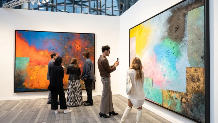 Visitors gather and photograph two monumental abstract paintings at a gallery booth, in 2024. Frieze New York at The Shed, Hudson Yards, in the season calendar of The Mansa Court