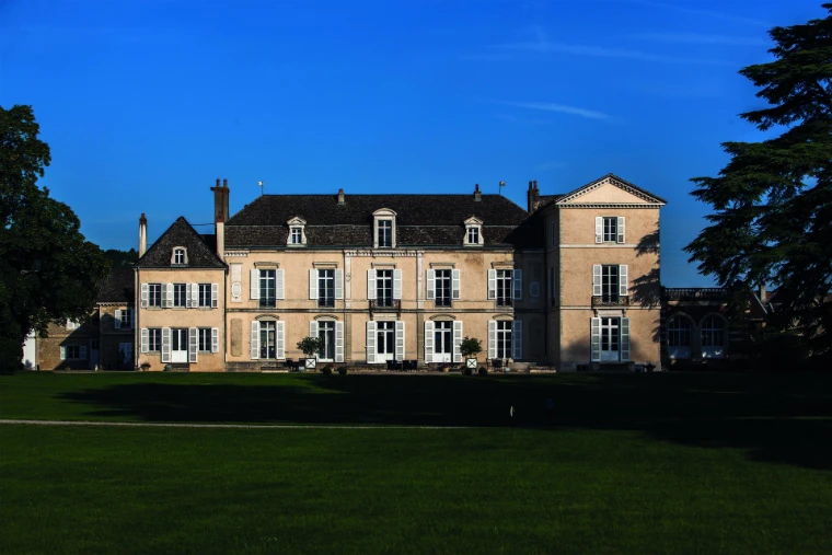 The pale stone façade of the Château de Meursault across a lawn in late-afternoon light, dark trees at either side under a deep blue sky (2014).