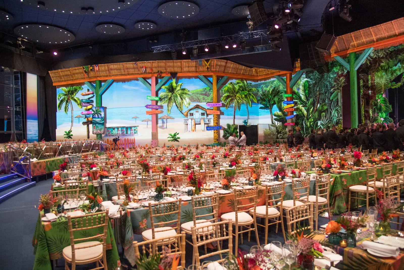The Salle des Étoiles set for dinner before a themed stage set at Le Bal de la Rose, the Monte Carlo ball The Mansa Court keeps in its calendar