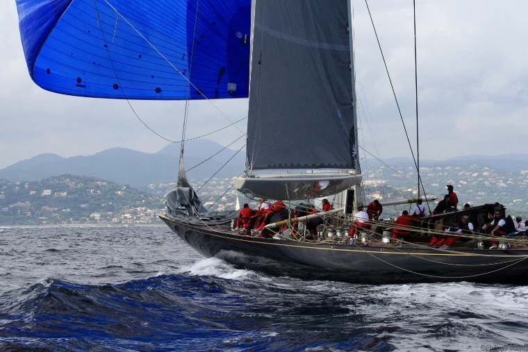 The J Class yacht Lionheart, her dark hull under a blue spinnaker, races in the bay with a crew in red and the wooded hills of the coast behind (2014).