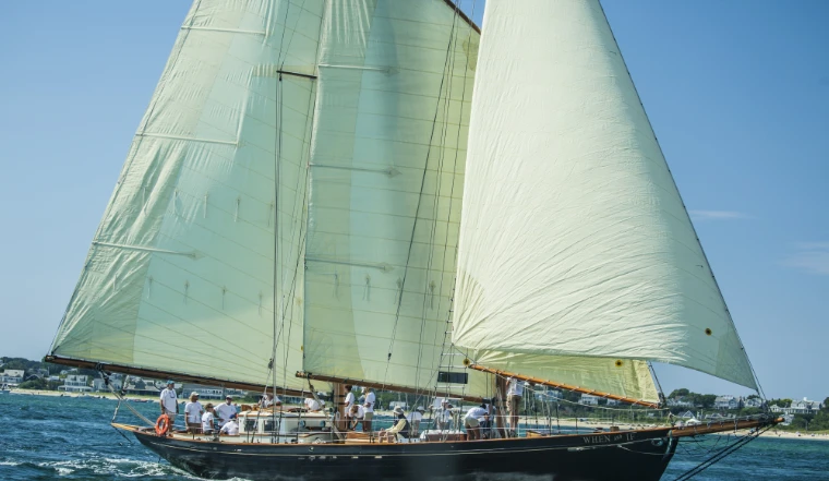 A black-hulled schooner with cream sails and a crew on deck sails across blue water with the Nantucket shoreline and houses behind (2015).