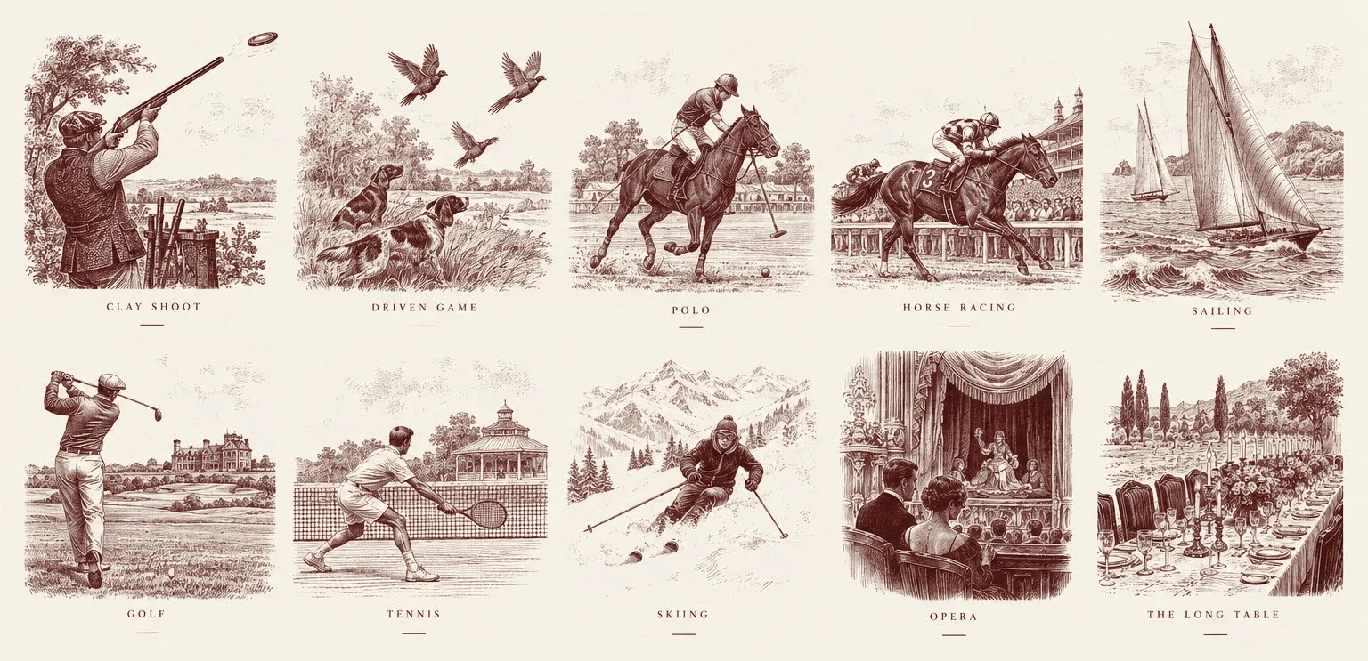 Engravings of the Court’s pursuits: the clay shoot, driven game, polo, horse racing, sailing, golf, tennis, skiing, the opera and the long table