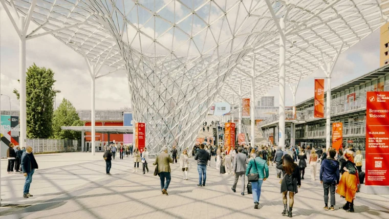 Visitors arriving beneath the glass and steel canopy at Fiera Milano, Rho, for the Salone del Mobile.Milano, an April engagement in the season calendar of The Mansa Court