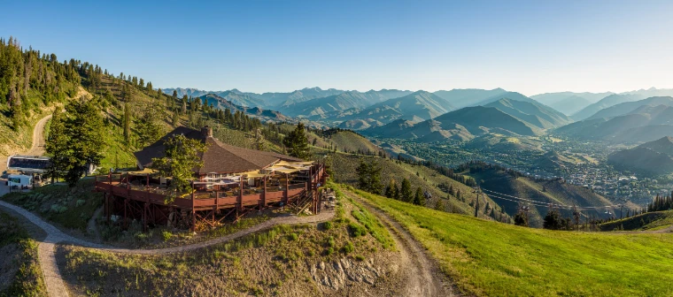 The Roundhouse on Bald Mountain in summer, the valley and the mountains beyond.
