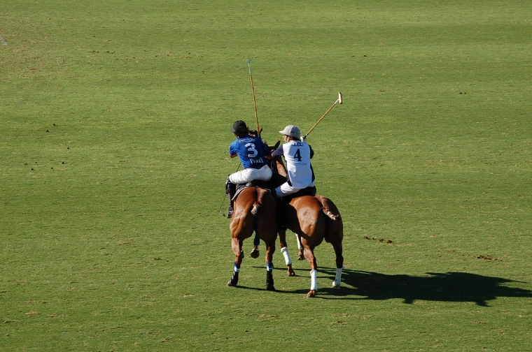 Sebastián Merlos and Juan Martín Nero riding shoulder to shoulder with mallets raised in an Argentine Open match (2012).