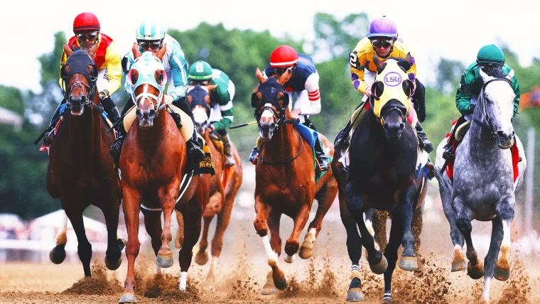 Horses in hoods and blinkers race head-on through the dirt. The Belmont Stakes, the final leg of the Triple Crown, in the season calendar of The Mansa Court