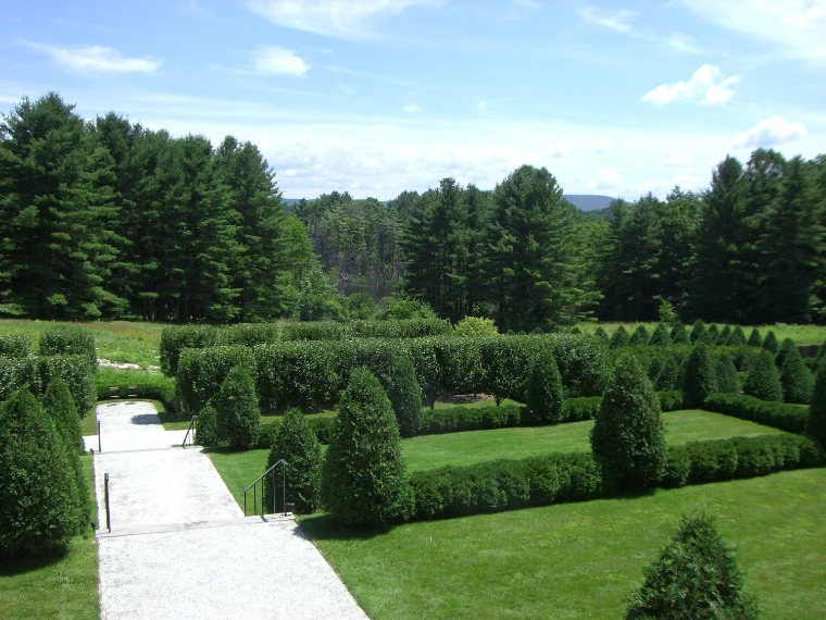 Clipped hedges and conical evergreens in the gardens of The Mount, seen from above, with pines beyond under a summer sky (2007).
