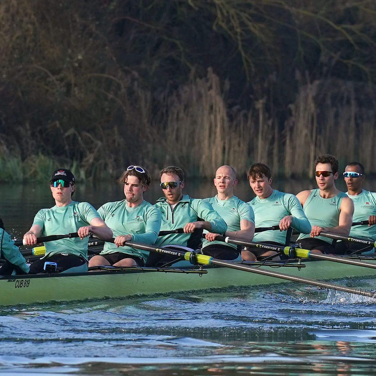 A light blue eight at full stroke in training before The Boat Race, the Oxford and Cambridge fixture The Mansa Court keeps each spring