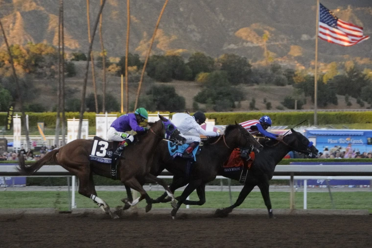 Bayern, Toast of New York and California Chrome racing head to head towards the wire in the Breeders’ Cup Classic, the San Gabriel Mountains behind (2014).