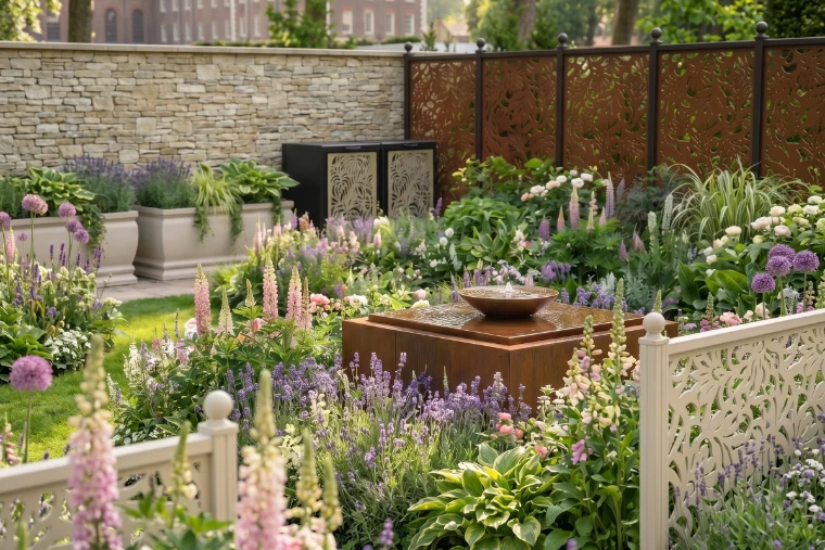 Lupins, foxgloves, alliums and lavender around a still water bowl in a walled garden. The RHS Chelsea Flower Show in the grounds of the Royal Hospital Chelsea, London, in the season calendar of The Mansa Court