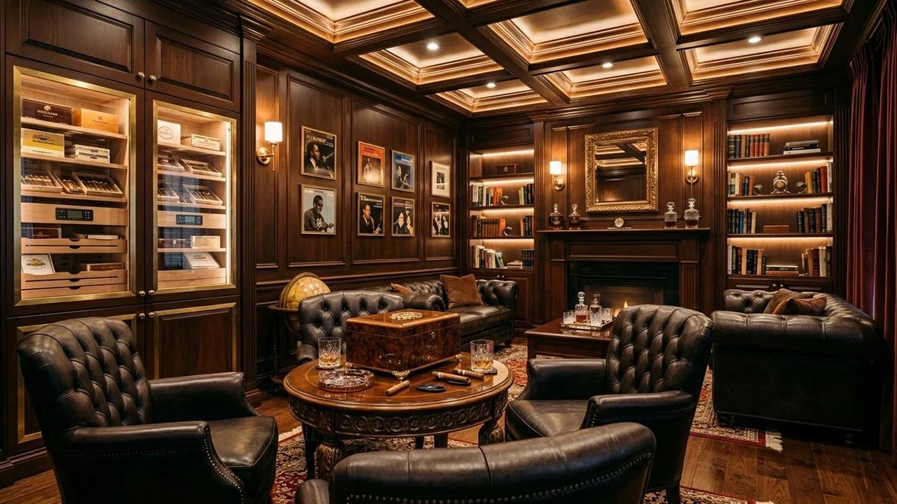 Leather chairs facing one another in a panelled smoking room set for The Cigar Room, an evening hosted by The Mansa Court in New York each March