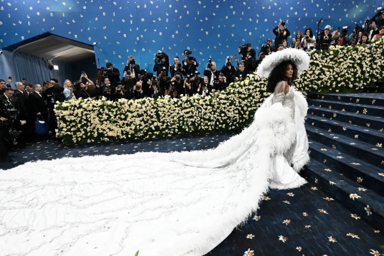 A guest in a white feathered coat and hat with a long embroidered train on the star-strewn blue steps, in 2025. The Costume Institute Benefit at the Metropolitan Museum, New York, in the season calendar of The Mansa Court