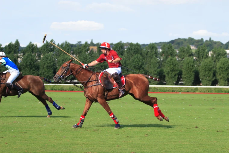 A polo player in red gallops with mallet raised behind a rider in blue on a green field edged by trees (2006). Deauville, Normandy, France, shown for The Deauville August Meeting in the season calendar of The Mansa Court