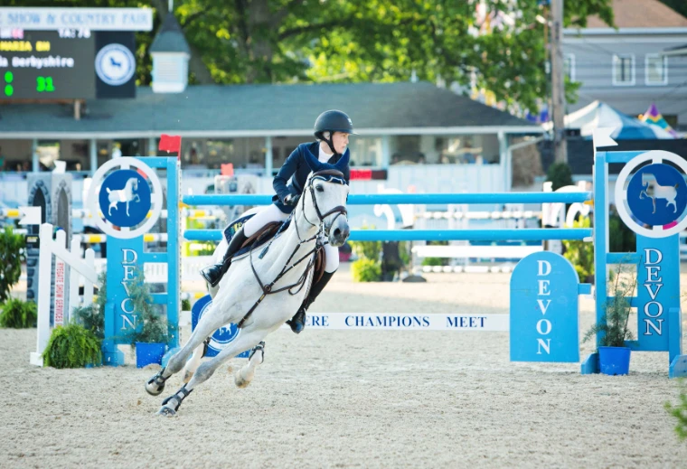 A grey jumper turns for the next fence past the blue Devon wings in the Dixon Oval. The Devon Horse Show and Country Fair at the Devon Show Grounds, Pennsylvania, in the season calendar of The Mansa Court