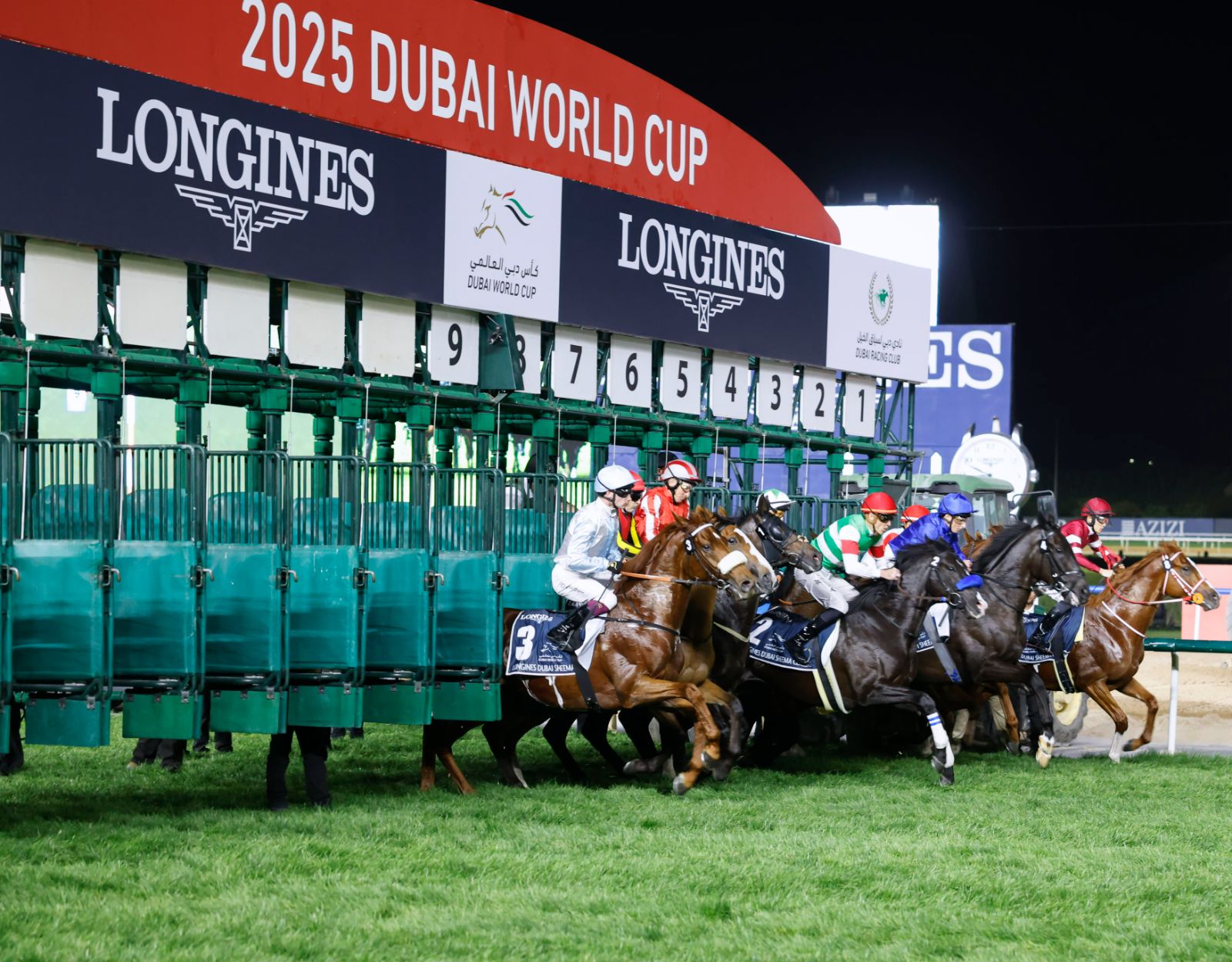 Runners breaking from the Longines stalls beneath the Dubai World Cup sign at Meydan, an engagement in The Mansa Court season