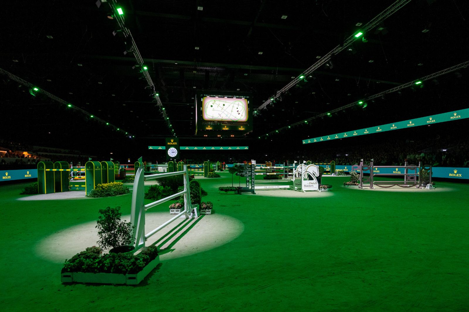 The course set out in the Brabanthallen arena under green light before the Rolex Grand Prix at The Dutch Masters, ’s-Hertogenbosch