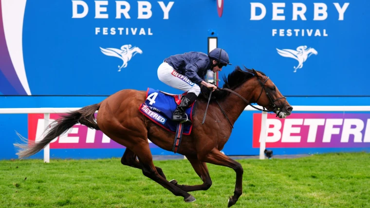 A bay colt stretches past the Derby Festival boards at full gallop. The Derby at Epsom Downs, Surrey, in the season calendar of The Mansa Court