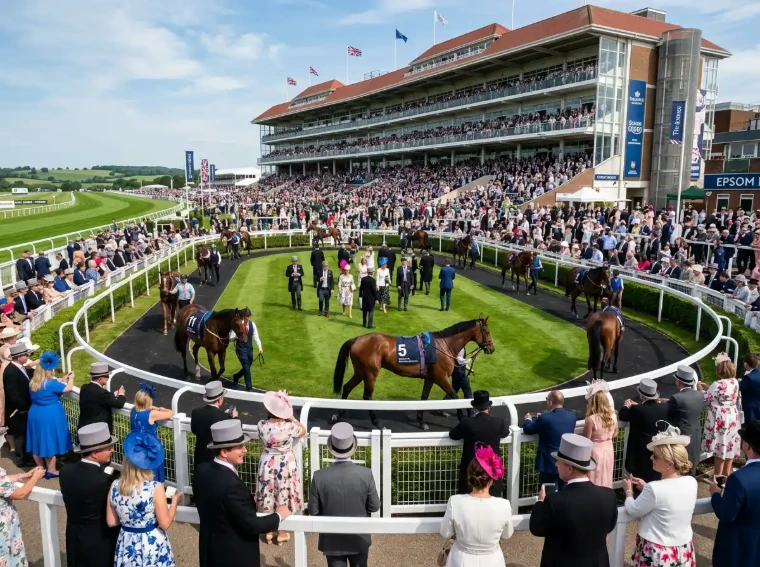 Runners walk the parade ring before the stands, owners in morning dress on the grass. The Derby at Epsom Downs, Surrey, in the season calendar of The Mansa Court