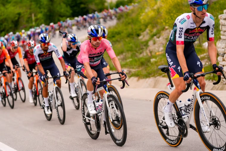The race leader in the pink jersey rides among his team on a climb, the peloton strung out on the road behind. The Giro d’Italia, in the season calendar of The Mansa Court