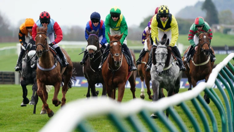 Steeplechasers in bright silks galloping towards the camera past the running rail, National Hunt racing as run at the Grand National, an April engagement in the season calendar of The Mansa Court