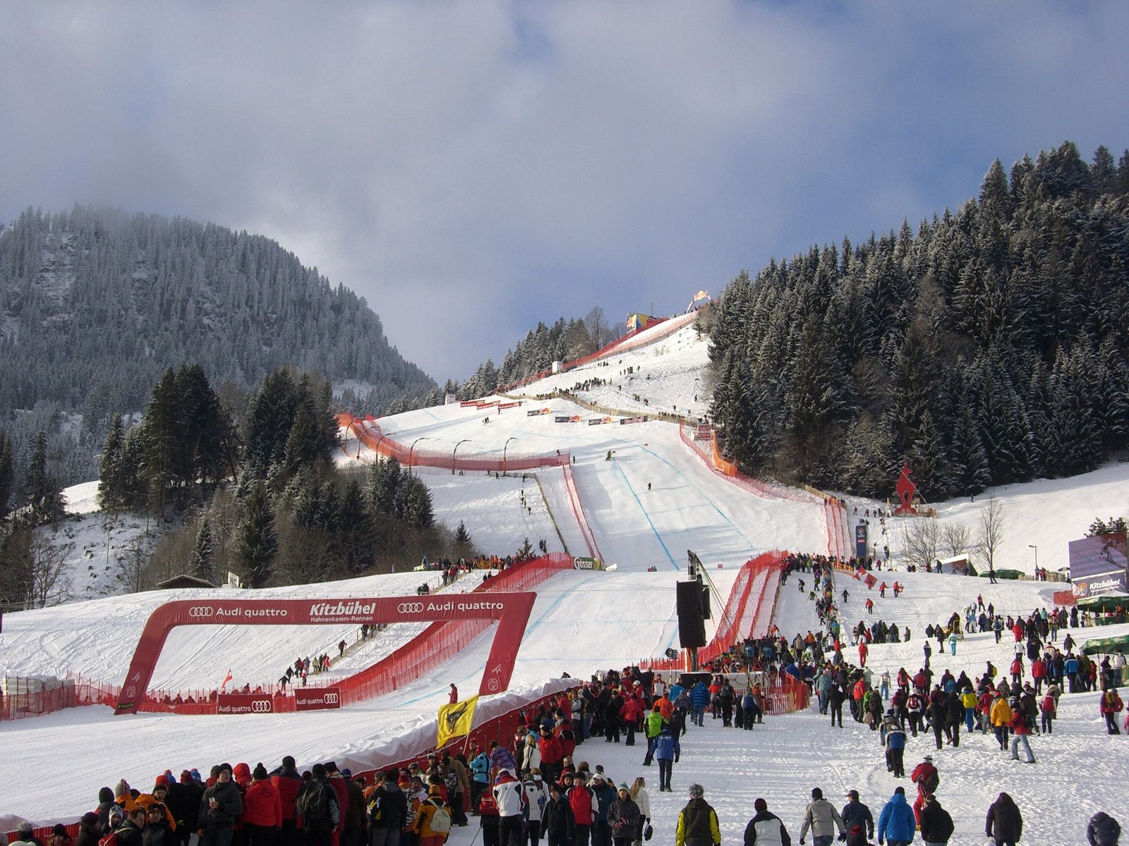 The finish arena beneath the Hausberg at the Hahnenkamm Races in Kitzbühel