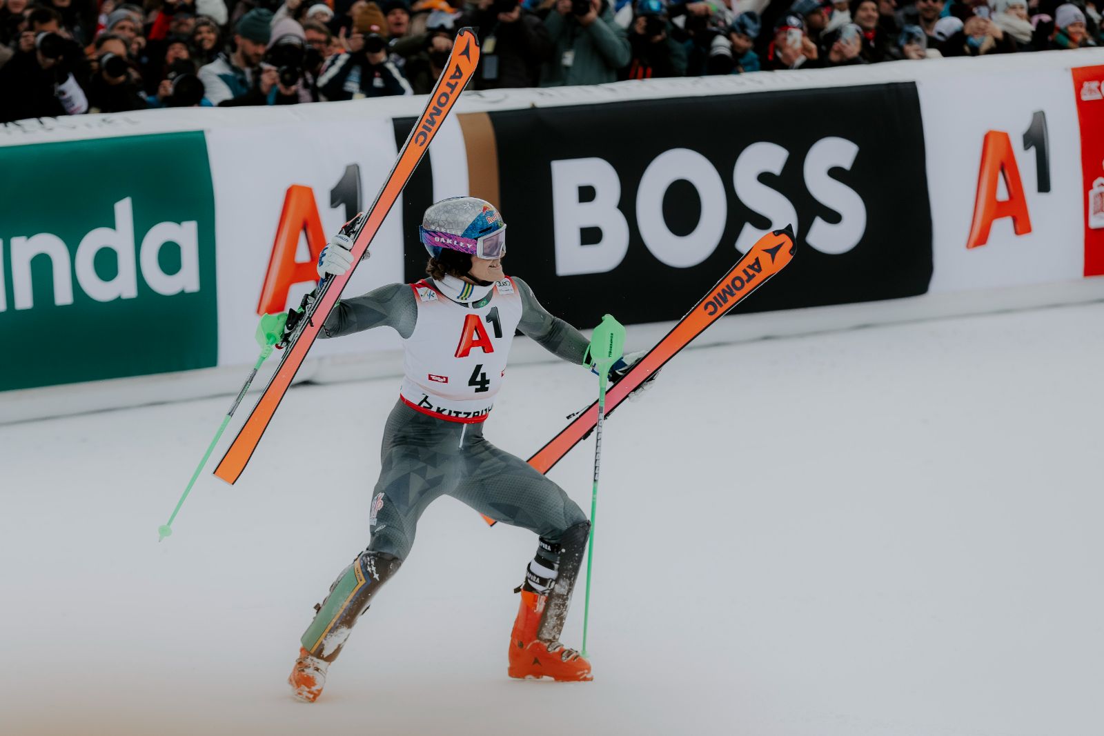 A slalom racer celebrating in the finish at the Hahnenkamm Races
