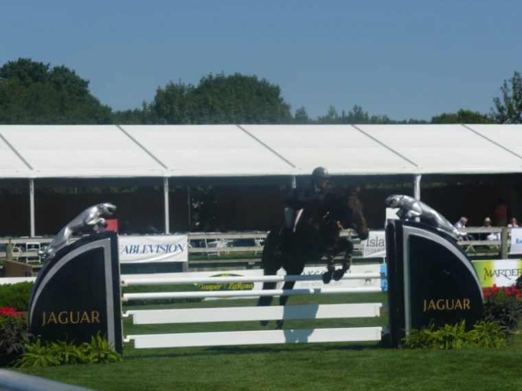 A horse and rider jump a white fence framed by black Jaguar-branded wings, with a long white spectator tent and trees behind (2007).