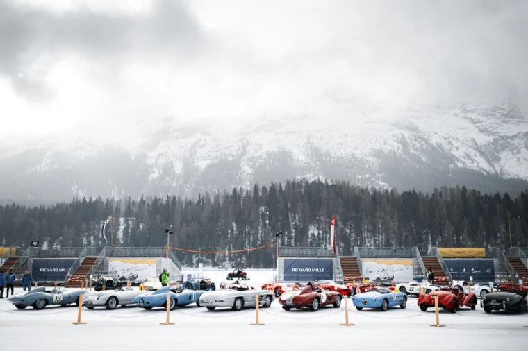 Entrants’ cars lined up on the frozen lake beneath the Engadin mountains. The I.C.E. St. Moritz, Lake St. Moritz, St. Moritz, Switzerland, February 2023, in the season calendar of The Mansa Court