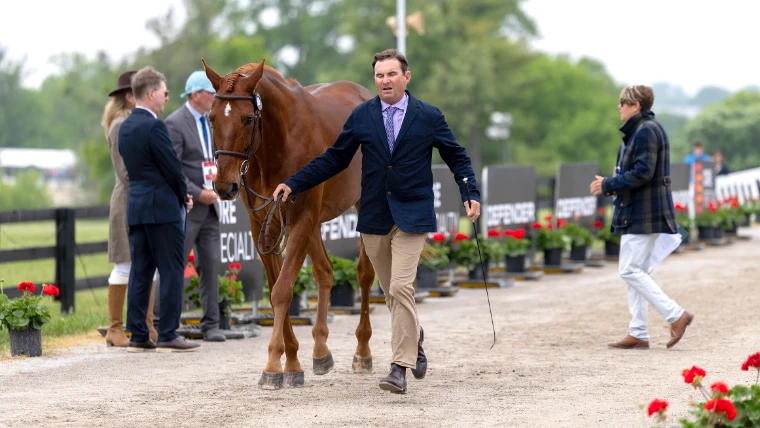A rider trotting a chestnut up the lane before the ground jury, past beds of red geraniums, at the Kentucky Three-Day Event, a late-April engagement in the season calendar of The Mansa Court