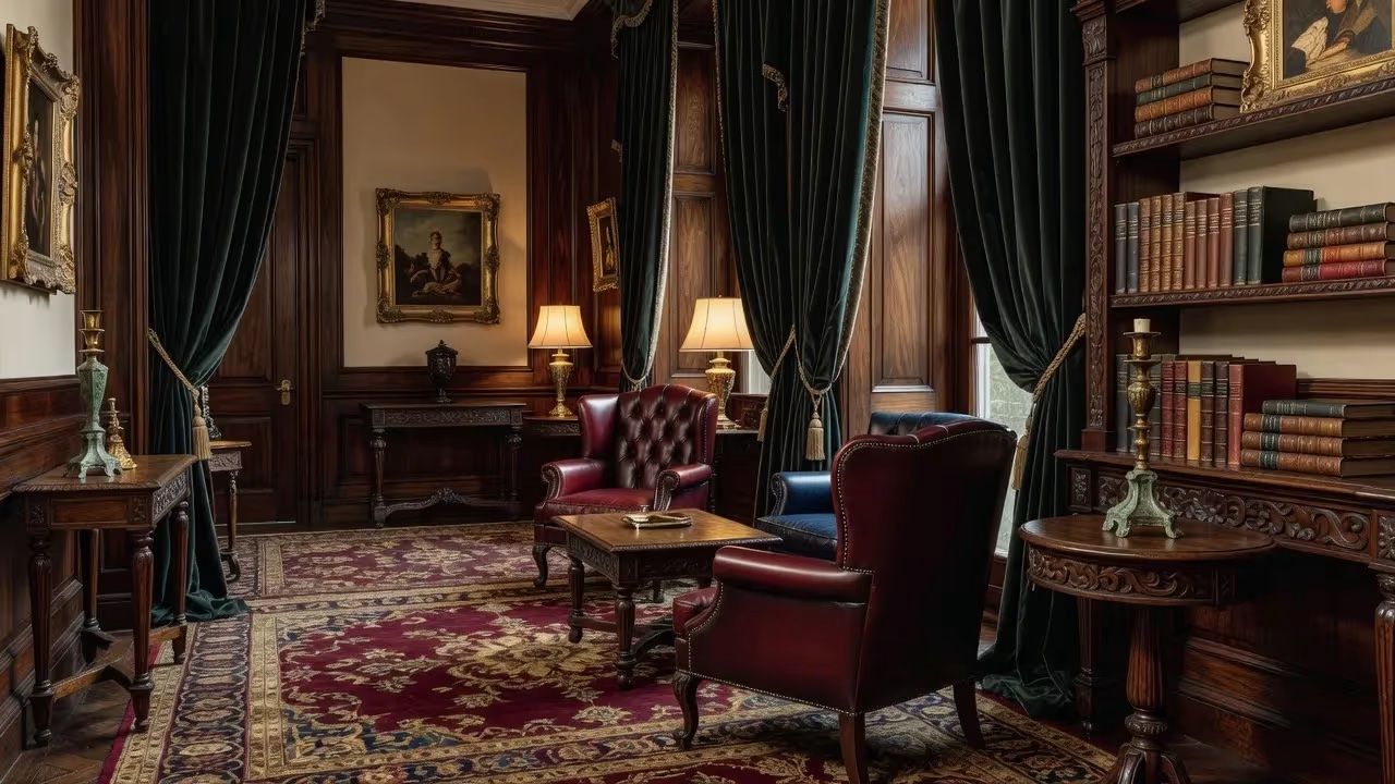 Books and reading chairs in a panelled room set for The Literary Salon, an evening hosted by The Mansa Court in New York each late March