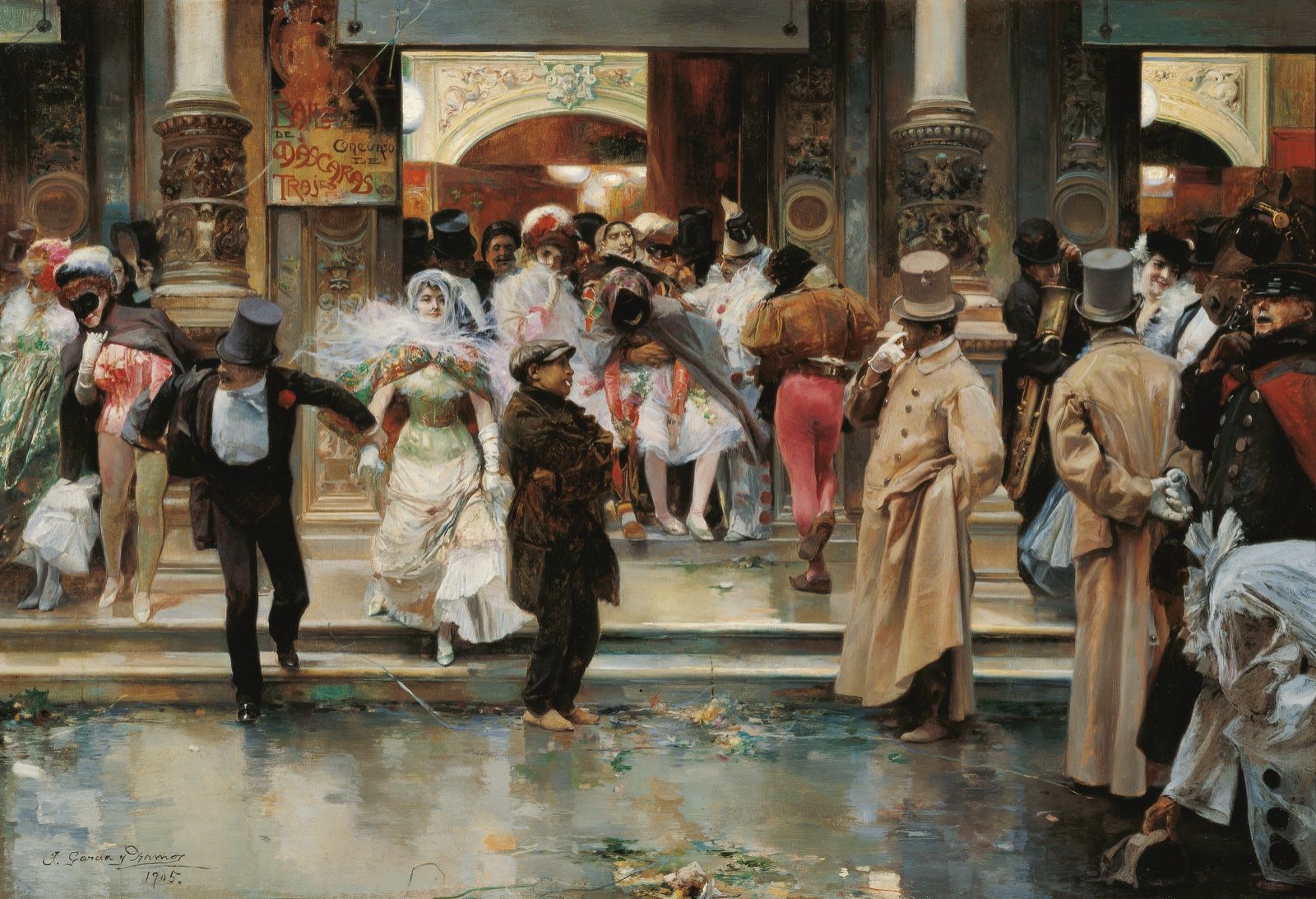 A painted crowd in masks, dominoes and top hats spilling from the doors of a ballroom onto the wet steps after a masquerade