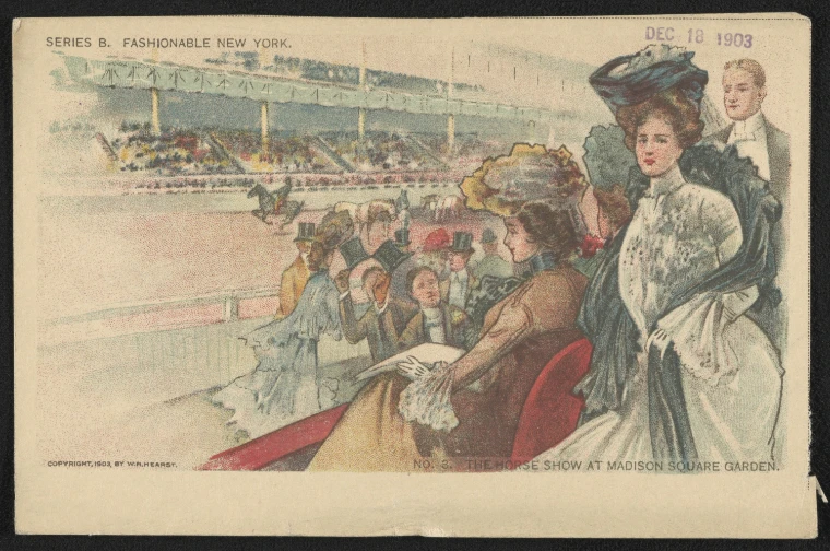 A coloured postcard illustration of fashionable spectators in a box at the Horse Show at Madison Square Garden, with a rider in the ring below (1903).