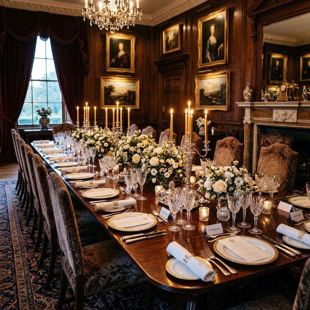A long table laid for luncheon in winter light