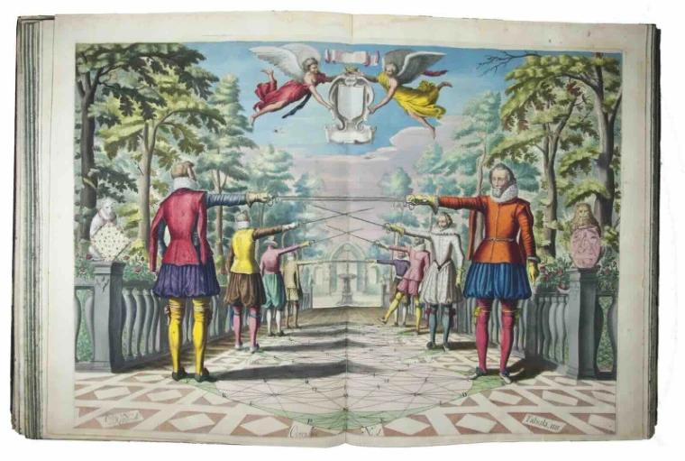 A hand-coloured double plate of fencing masters from Girard Thibault’s Académie de l’Espée (1630). A book of the kind offered at the fair, shown for The New York International Antiquarian Book Fair in the season calendar of The Mansa Court
