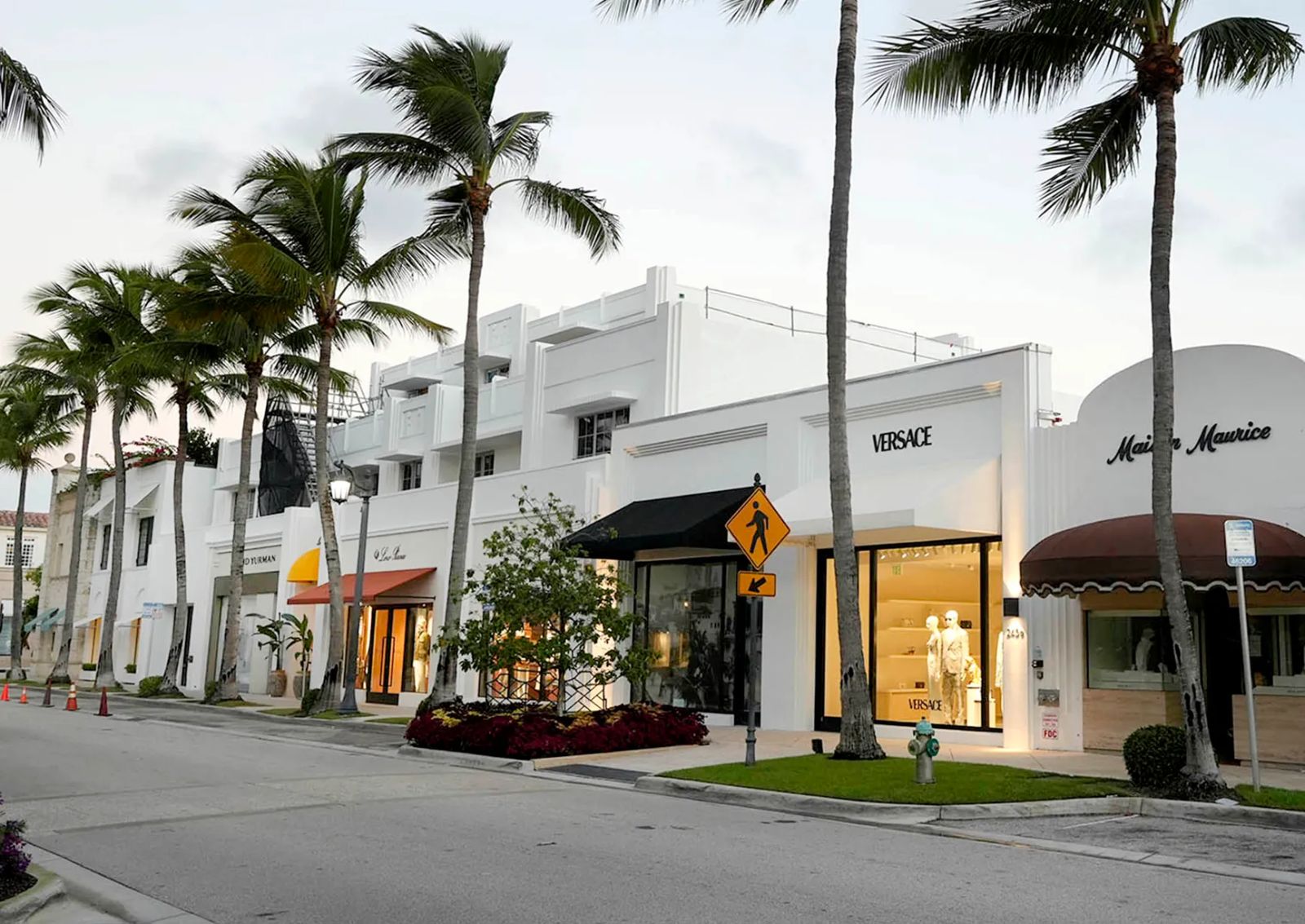 The boutiques of Worth Avenue lit at dusk in Palm Beach
