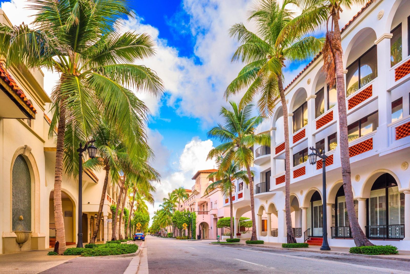 Worth Avenue under the palms, arcades and courtyards in the morning