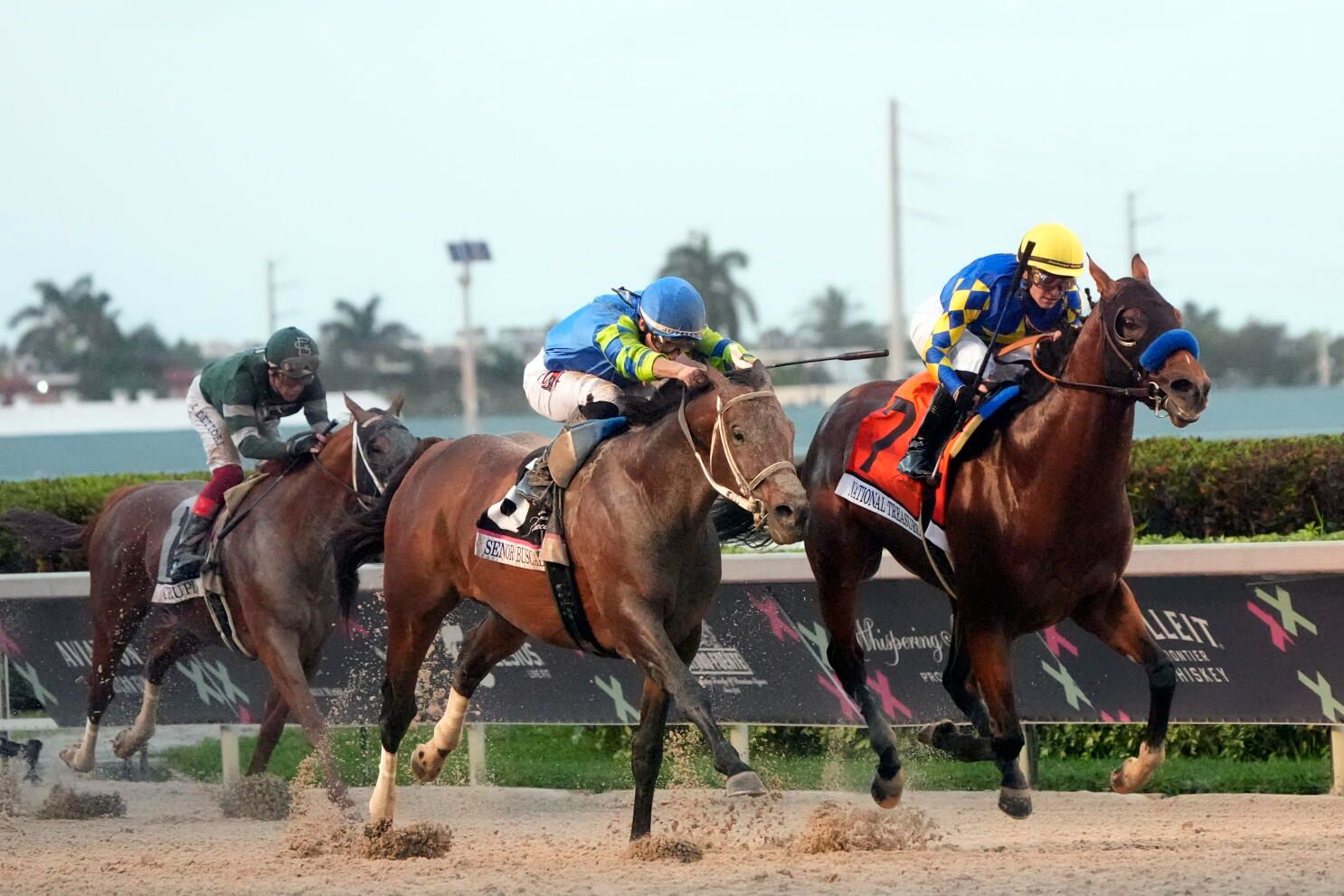 Two horses driving to the wire down the Gulfstream stretch